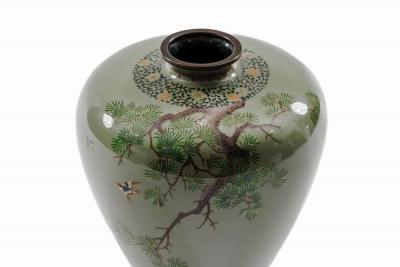 Exquisite Cloisonn Enamel Vase Birds Pine Celadon Ground Attributed Hayashi
