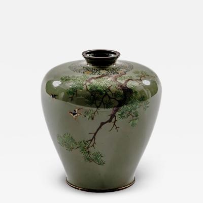 Exquisite Cloisonn Enamel Vase Birds Pine Celadon Ground Attributed Hayashi