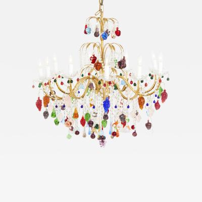 Exquisite Colored Fruits Crystal Brass Framed Chandelier