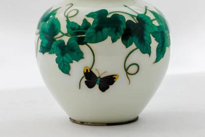 Exquisite Japanese Cloisonn Enamel Covered Jar with Ivy and Butterflies