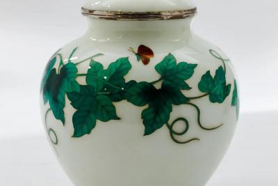 Exquisite Japanese Cloisonn Enamel Covered Jar with Ivy and Butterflies