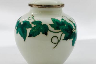 Exquisite Japanese Cloisonn Enamel Covered Jar with Ivy and Butterflies