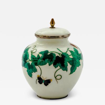 Exquisite Japanese Cloisonn Enamel Covered Jar with Ivy and Butterflies