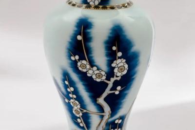 Exquisite Japanese Cloisonn Enamel Vase Blue and White Plum Blossoms Ando