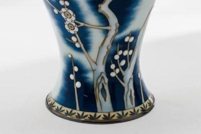 Exquisite Japanese Cloisonn Enamel Vase Blue and White Plum Blossoms Ando