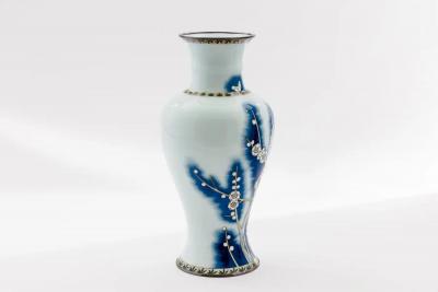 Exquisite Japanese Cloisonn Enamel Vase Blue and White Plum Blossoms Ando
