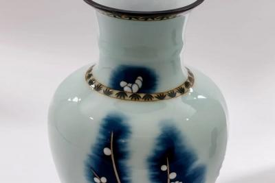 Exquisite Japanese Cloisonn Enamel Vase Blue and White Plum Blossoms Ando