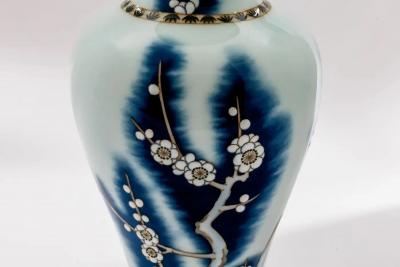 Exquisite Japanese Cloisonn Enamel Vase Blue and White Plum Blossoms Ando