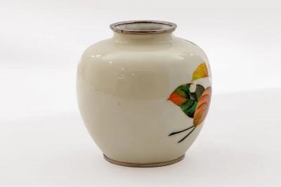 Exquisite Japanese Cloisonn Enamel Vase with Persimmons on Ivory Ground