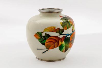 Exquisite Japanese Cloisonn Enamel Vase with Persimmons on Ivory Ground
