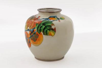 Exquisite Japanese Cloisonn Enamel Vase with Persimmons on Ivory Ground