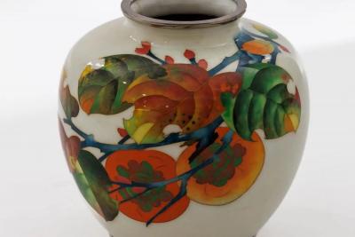 Exquisite Japanese Cloisonn Enamel Vase with Persimmons on Ivory Ground
