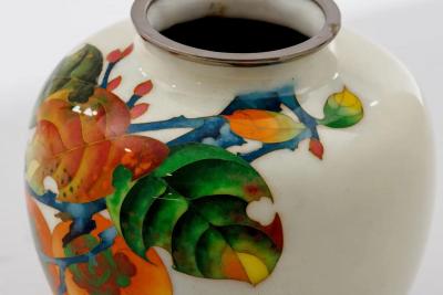 Exquisite Japanese Cloisonn Enamel Vase with Persimmons on Ivory Ground