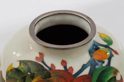 Exquisite Japanese Cloisonn Enamel Vase with Persimmons on Ivory Ground