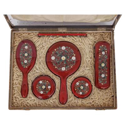 Exquisite Japanese Cloisonn Red Enamel Six Piece Dressing Table Set Ando Jubei