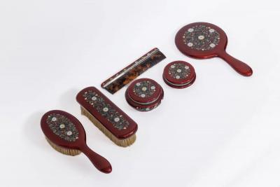 Exquisite Japanese Cloisonn Red Enamel Six Piece Dressing Table Set Ando Jubei