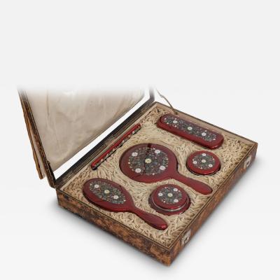 Exquisite Japanese Cloisonn Red Enamel Six Piece Dressing Table Set Ando Jubei