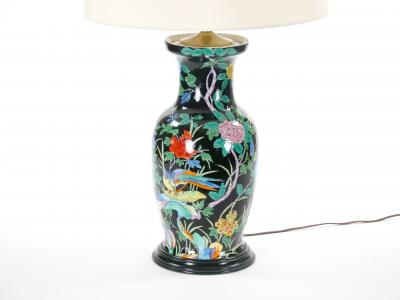 Exquisite Mid 20th Century Chinese Famille Noir Porcelain Table Lamp Wood Base