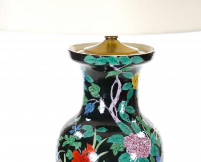 Exquisite Mid 20th Century Chinese Famille Noir Porcelain Table Lamp Wood Base
