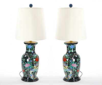 Exquisite Mid 20th Century Chinese Famille Noir Porcelain Table Lamp Wood Base