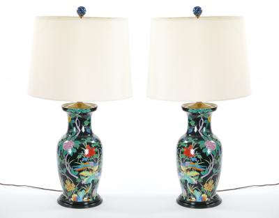 Exquisite Mid 20th Century Chinese Famille Noir Porcelain Table Lamp Wood Base