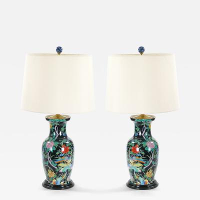 Exquisite Mid 20th Century Chinese Famille Noir Porcelain Table Lamp Wood Base