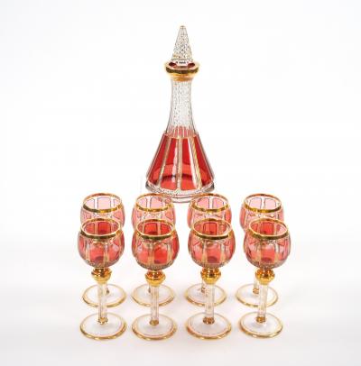 Exquisite Moser Cranberry Paneled Cut Crystal Wine Goblet Decanter Service