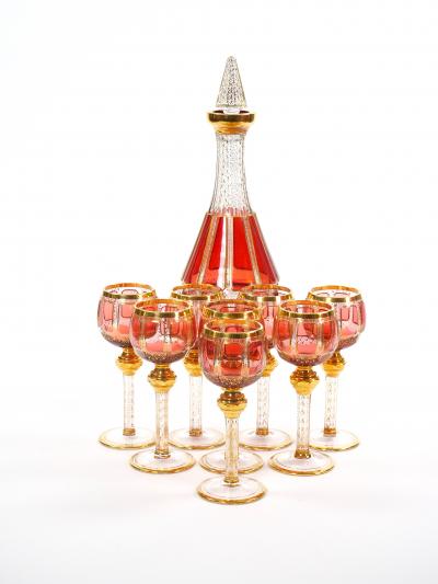 Exquisite Moser Cranberry Paneled Cut Crystal Wine Goblet Decanter Service