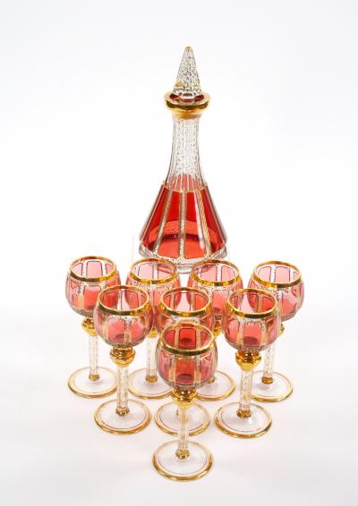 Exquisite Moser Cranberry Paneled Cut Crystal Wine Goblet Decanter Service