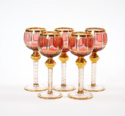 Exquisite Moser Cranberry Paneled Cut Crystal Wine Goblet Decanter Service