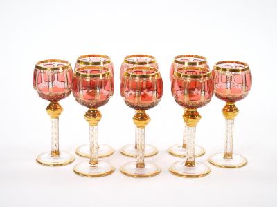 Exquisite Moser Cranberry Paneled Cut Crystal Wine Goblet Decanter Service