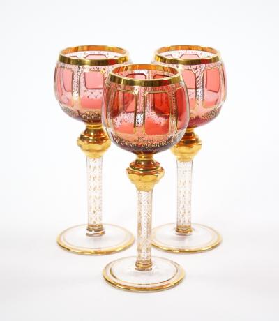 Exquisite Moser Cranberry Paneled Cut Crystal Wine Goblet Decanter Service
