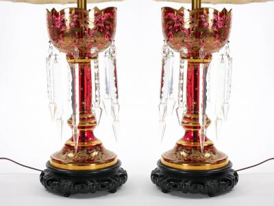 Exquisite Pair 19th Century Bohemian Lamp Striking Cranberry Gilt Gold Glass