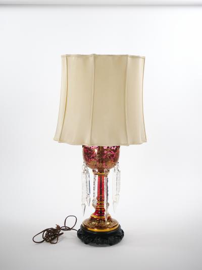 Exquisite Pair 19th Century Bohemian Lamp Striking Cranberry Gilt Gold Glass
