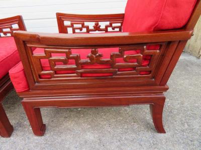 Exquisite Pair of Chinoiserie Ming Style Carved Rosewood Chairs Asian Modern