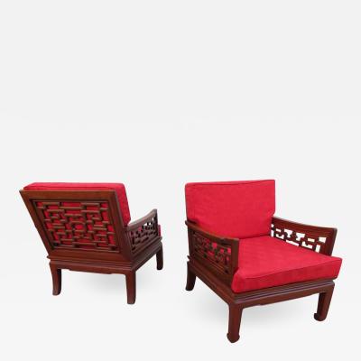 Exquisite Pair of Chinoiserie Ming Style Carved Rosewood Chairs Asian Modern