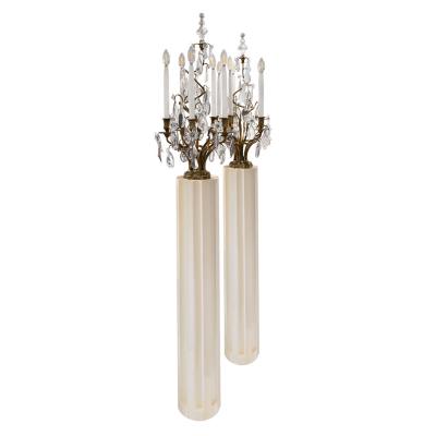 Exquisite Pair of French Candelabra Floor Lamps in Bronze with Crystals 1950s