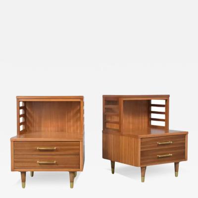 Exquisite Pair of Mid Century Modern Walnut Nightstands with Brass Details