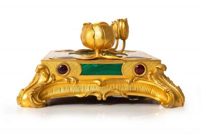 Exquisite Rococo Gilt Bronze Malachite Encrier Inkwell Desk Set ca 1880