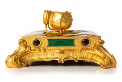 Exquisite Rococo Gilt Bronze Malachite Encrier Inkwell Desk Set ca 1880