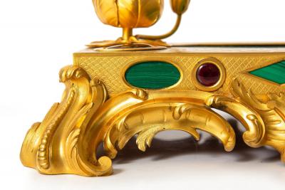 Exquisite Rococo Gilt Bronze Malachite Encrier Inkwell Desk Set ca 1880