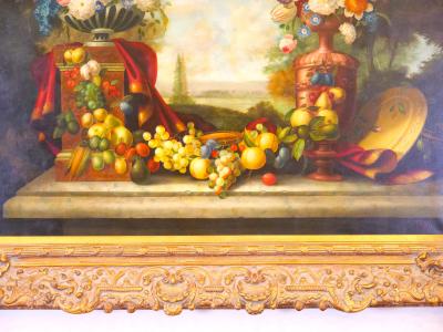 Extra Large Gilt Wood Frame Oil Canvas Flowers Fruits Still Life Painting
