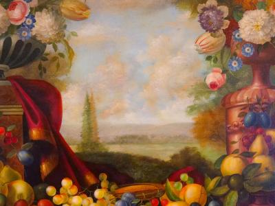 Extra Large Gilt Wood Frame Oil Canvas Flowers Fruits Still Life Painting