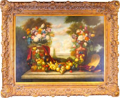 Extra Large Gilt Wood Frame Oil Canvas Flowers Fruits Still Life Painting