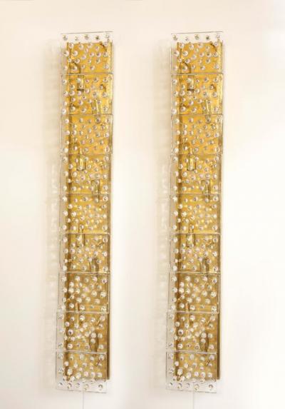 Extra Large Pair of Brass and Clear Murano Glass Blocks Sconces Italy 4ft Tall