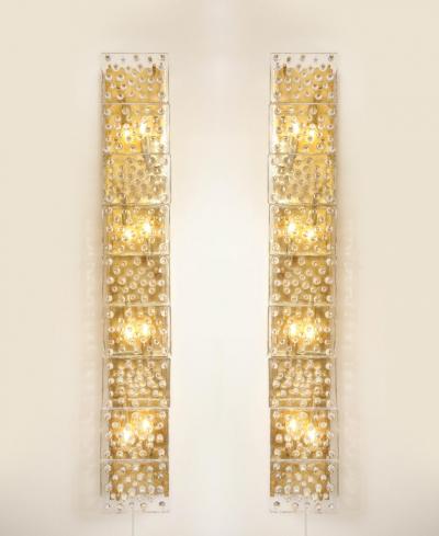 Extra Large Pair of Brass and Clear Murano Glass Blocks Sconces Italy 4ft Tall