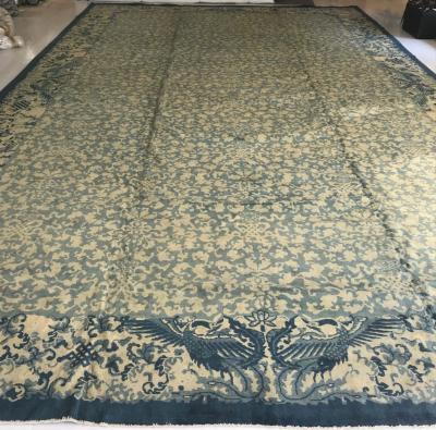 Extra Large Vintage Chinese Art Deco Blue Handmade Wool Rug