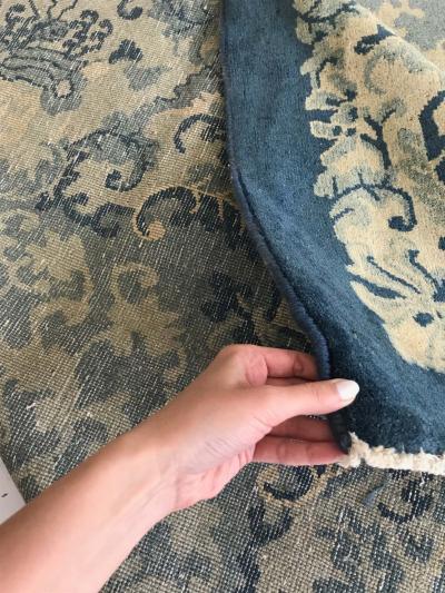 Extra Large Vintage Chinese Art Deco Blue Handmade Wool Rug