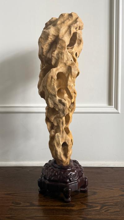 Extraordinary Large Chinese Scholar Rock Yellow Taihu Stone on Wood Stand