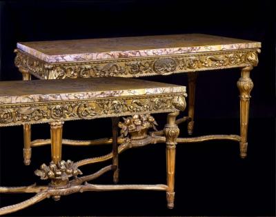 Extraordinary Pair of Italian 18th Century Carved Gilt Wood Console Tables